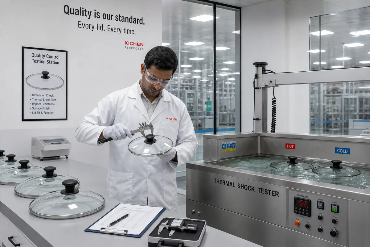 Quality control laboratory inside a tempered glass cookware lid manufacturing plant showing inspection bench and testing instruments