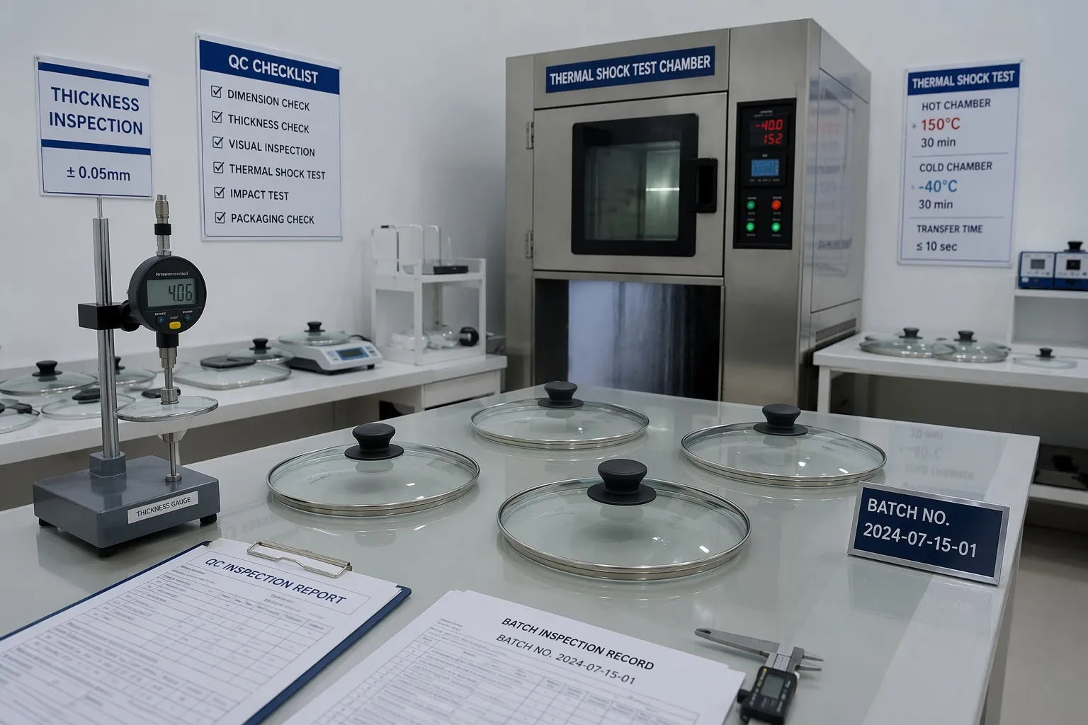 Quality control laboratory with tempered glass cookware lids undergoing thermal shock testing and batch inspection at a professional China glass lid factory