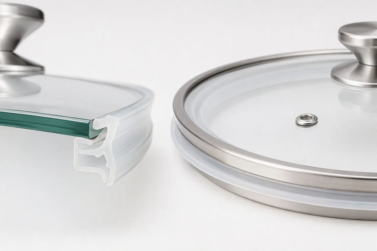 Close-up of food-grade silicone gasket detail on tempered glass cookware lid rim assembly, B2B catalog photography