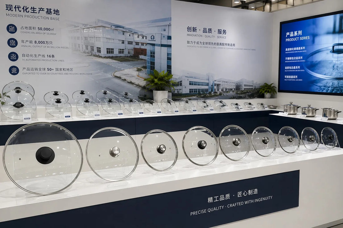 Tempered glass cookware lids of various sizes and categories displayed in a professional Chinese manufacturer showroom representing the glass lid in China sourcing landscape