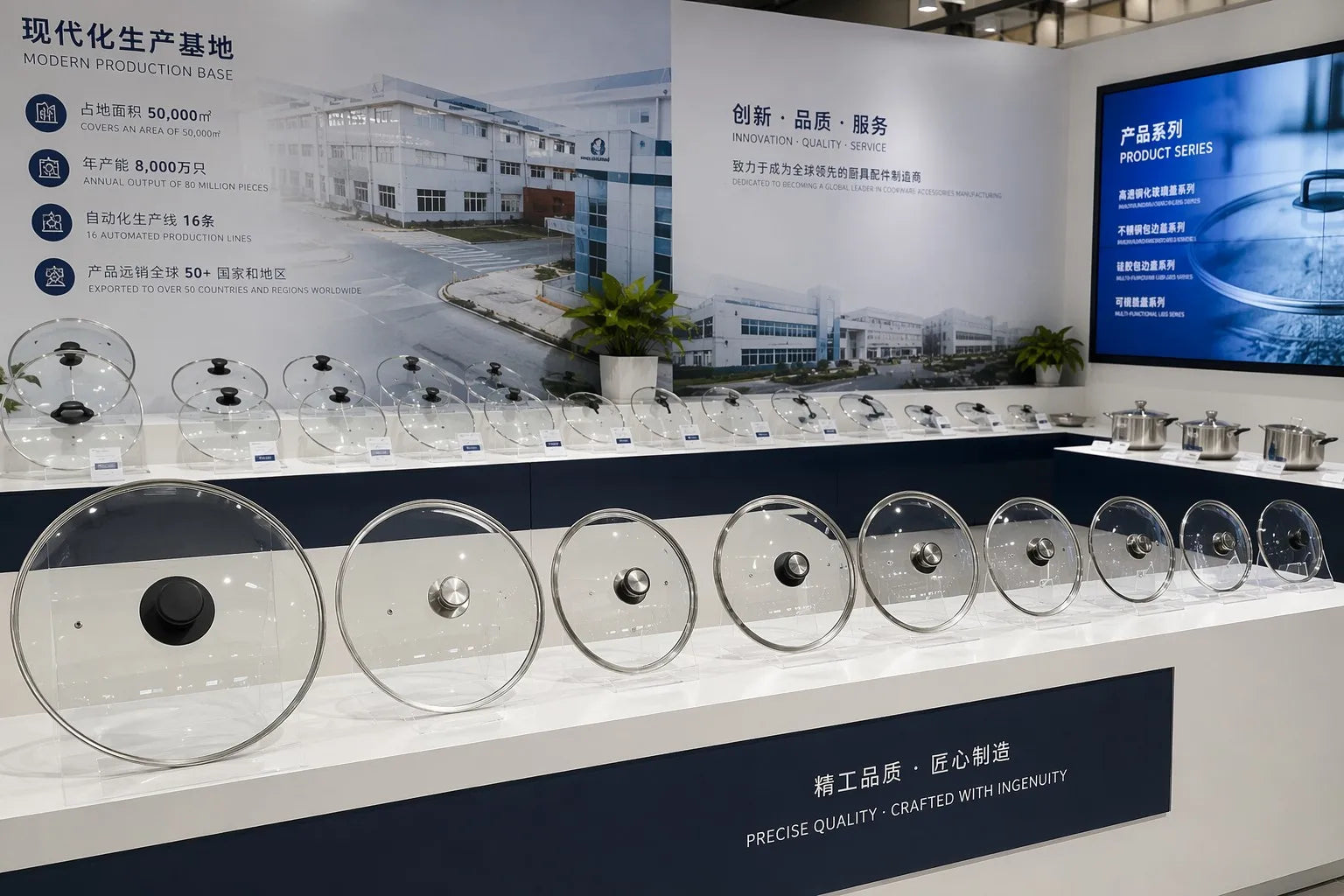 Tempered glass cookware lids of various sizes and categories displayed in a professional Chinese manufacturer showroom representing the glass lid in China sourcing landscape