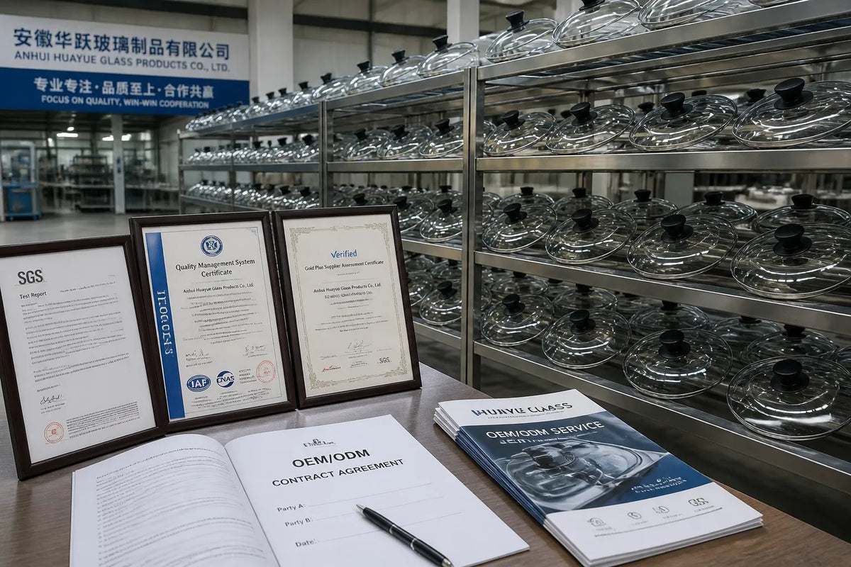 Professional B2B factory scene with glass cookware lids and OEM contract documents representing glass lid manufacturer 2026 contract clauses for cookware brands