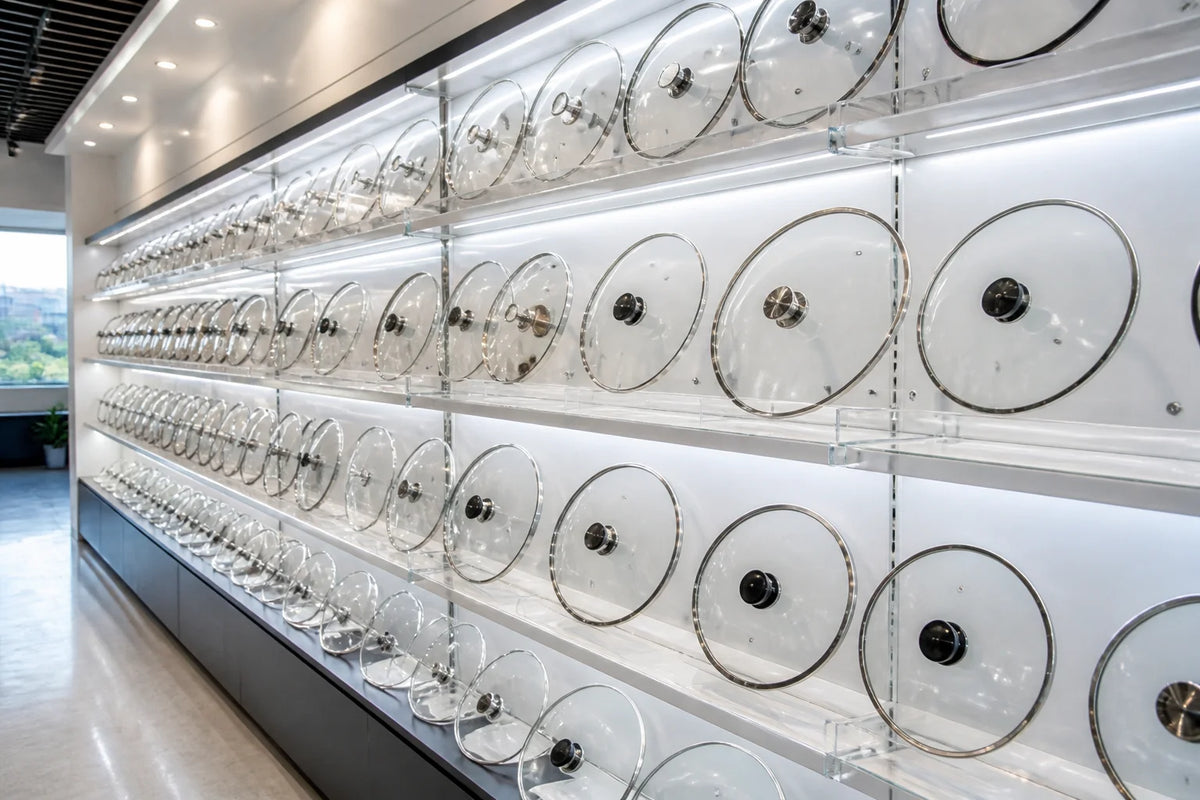 Modern cookware industry showroom overview displaying tempered glass cookware lids on illuminated exhibition shelves