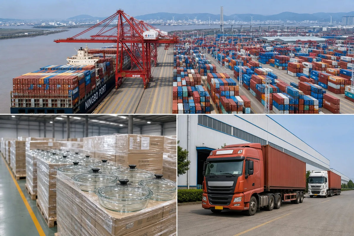 Aerial view of Ningbo port logistics showing shipping containers and glass product export for incoterm comparison guide