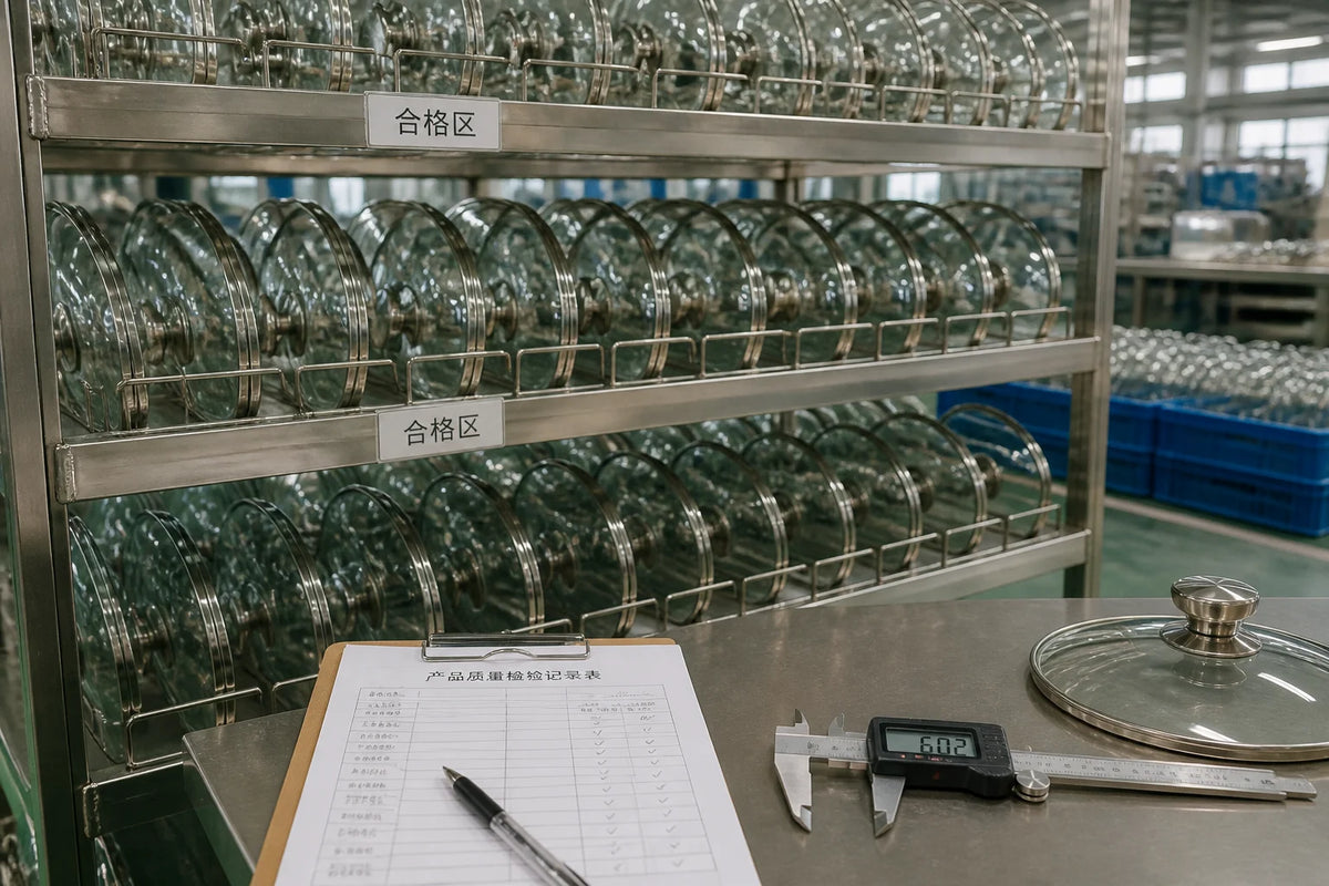 Clean industrial factory shelving with inspected tempered glass cookware lids and audit documentation