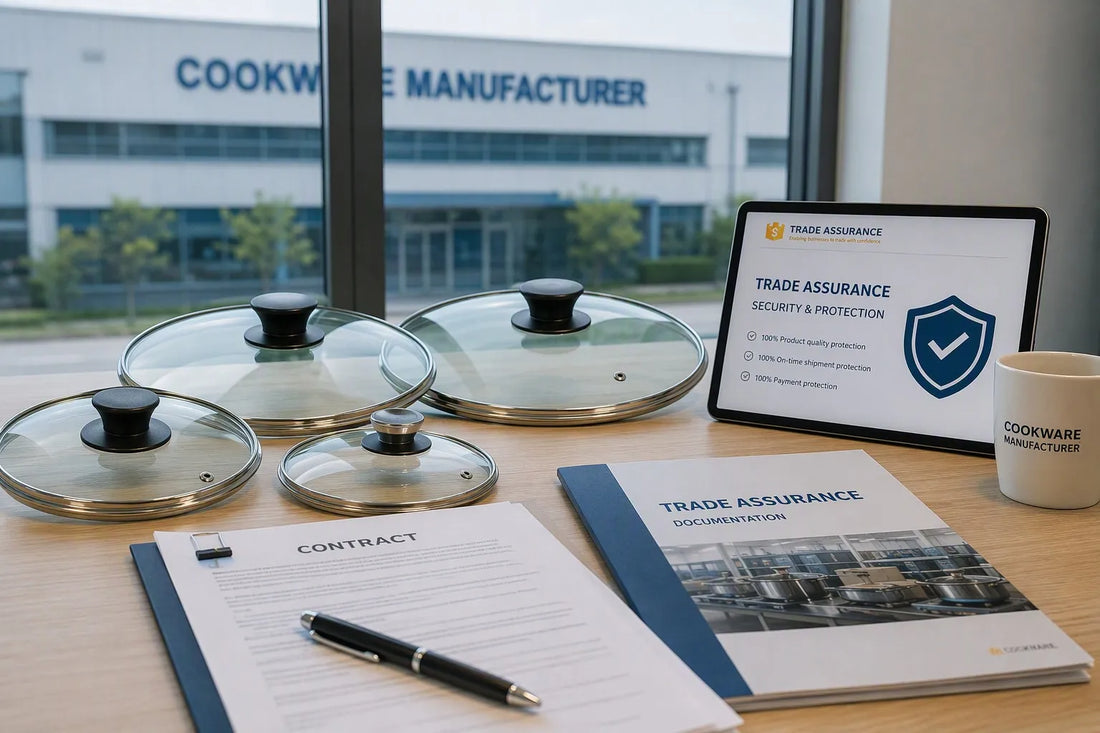 Trade assurance documentation and contract papers with tempered glass cookware lids representing buyer protection for glass lid orders from China