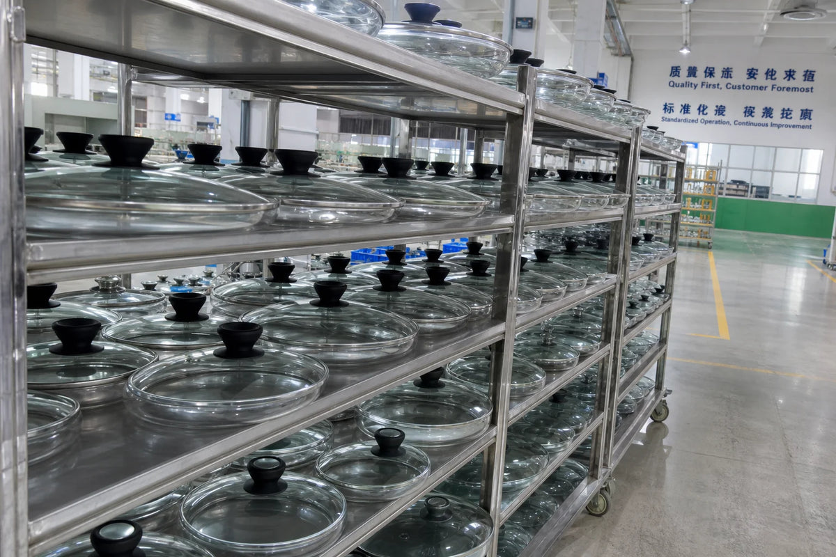 Professional B2B factory scene showing rows of polished tempered glass cookware lids on industrial shelving in a Chinese manufacturing facility