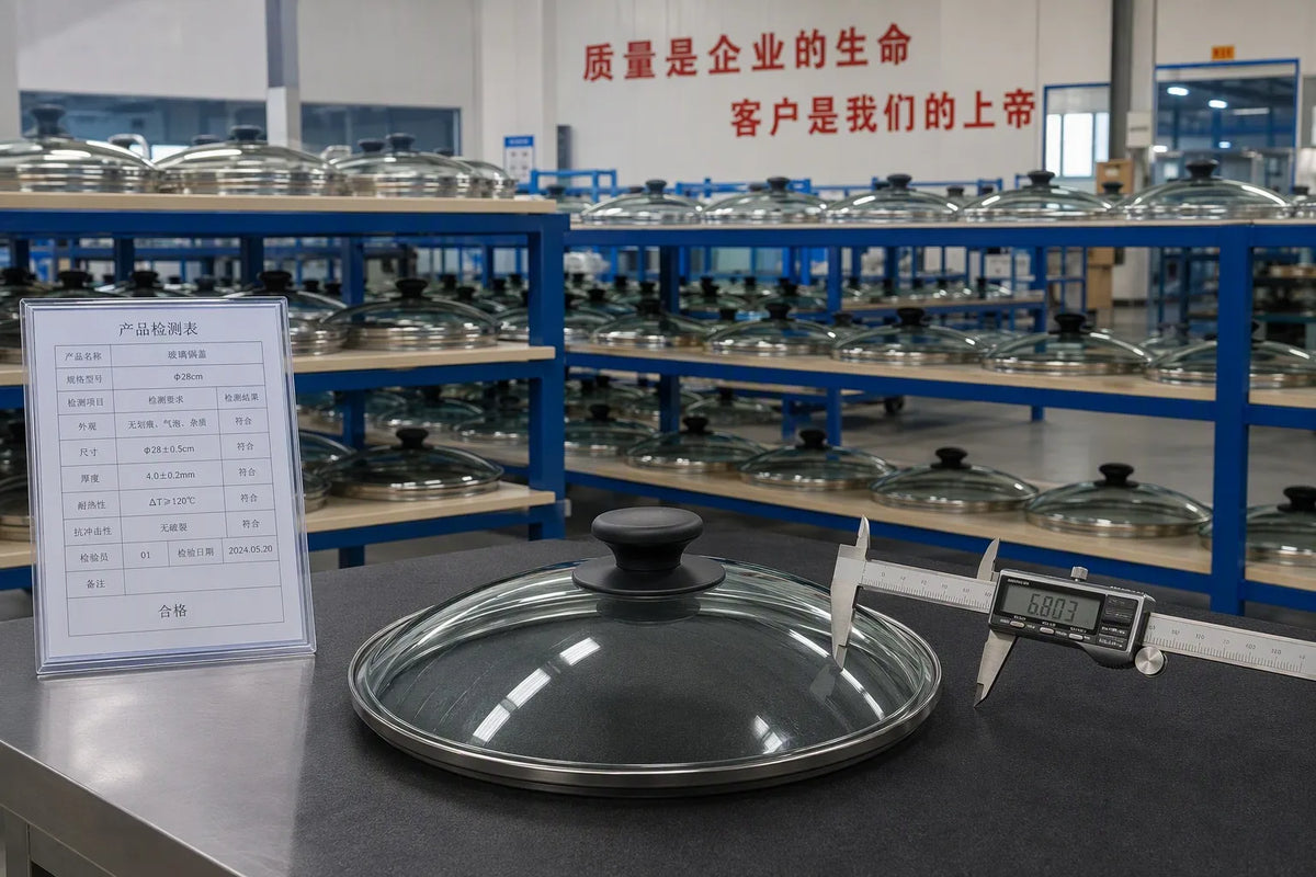 Sample inspection station for tempered glass cookware lids at a Chinese B2B factory