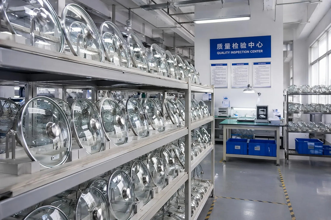 Rows of polished tempered glass cookware lids on industrial shelving inside a professional Chinese glass lid supplier factory with quality inspection station