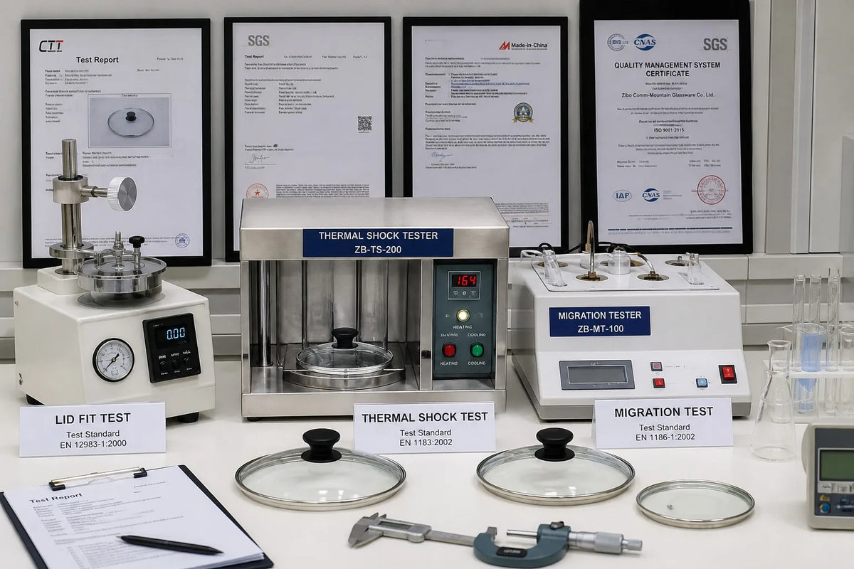 Quality control laboratory for FDA LFGB certified tempered glass cookware lids with precision testing instruments