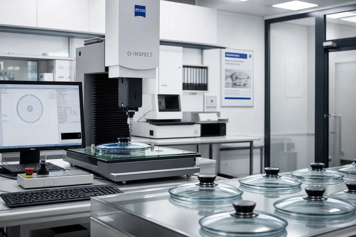 Inspection and quality control laboratory at a BSCI-certified tempered glass lid manufacturing facility in China
