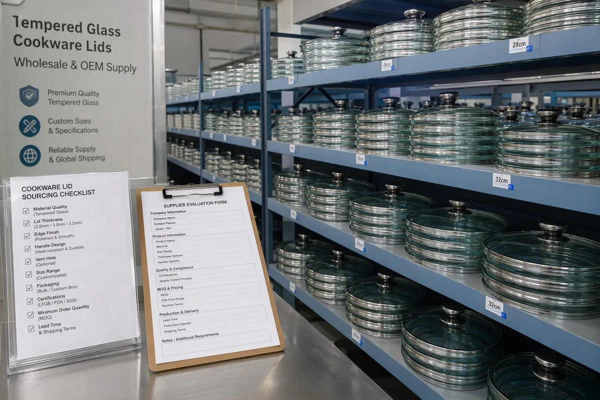 Professional B2B factory warehouse showing wholesale quantity tempered glass cookware lids with sourcing checklist documents for 2026 importers