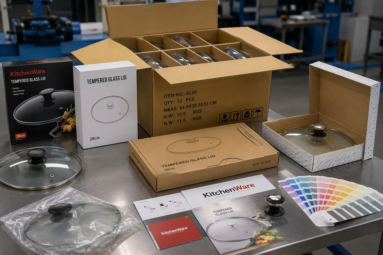 OEM packaging configurations for tempered glass cookware lids — retail color boxes, white individual boxes, and export cartons with EPE foam inserts on an industrial workbench