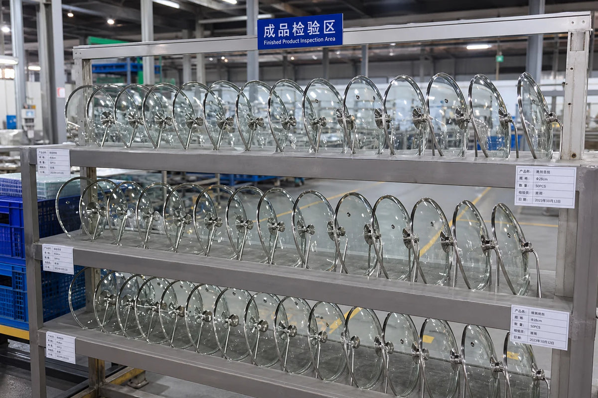 Polished tempered glass cookware lids neatly organized on industrial inspection shelving in a modern Chinese manufacturing facility