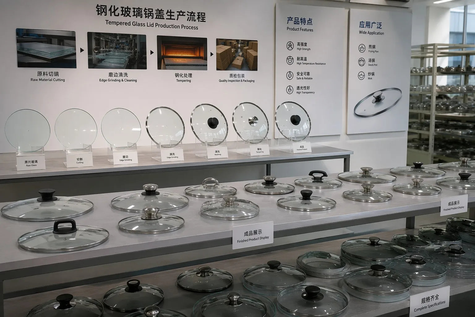 Tempered glass cookware lids at various production stages displayed in a professional Chinese cookware glass lid manufacturer factory showroom