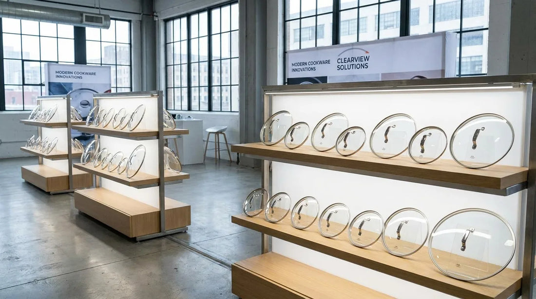 Tempered glass cookware lids on display in a professional cookware industry showroom representing the Ningbo Fenghua manufacturing cluster