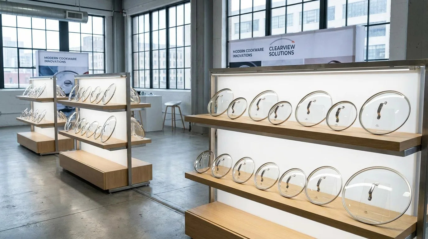 Tempered glass cookware lids on display in a professional cookware industry showroom representing the Ningbo Fenghua manufacturing cluster
