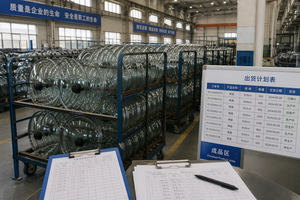 Industrial warehouse with tempered glass cookware lids stacked neatly in racks at a Chinese manufacturing facility