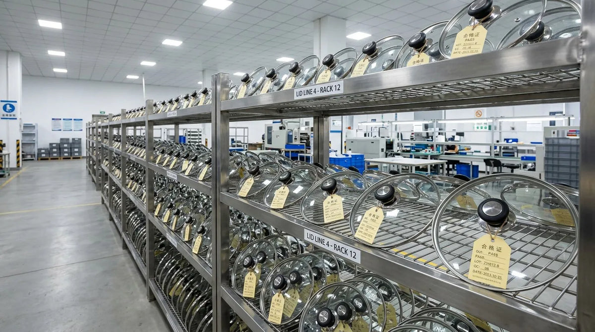 Tempered glass cookware lids on industrial shelving in a qualified Chinese manufacturing facility