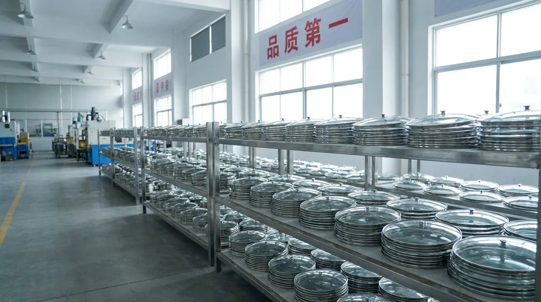 Rows of polished tempered glass cookware lids on industrial shelving inside a Chinese glass lid manufacturer facility