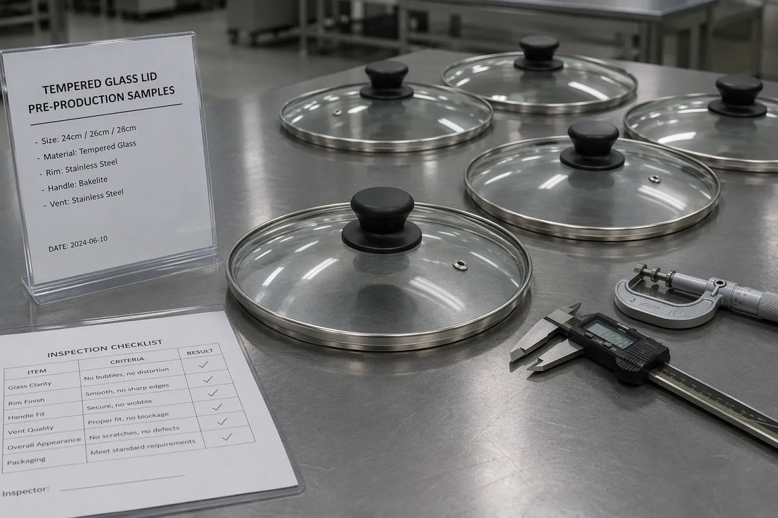Pre-production sample inspection of tempered glass cookware lids on industrial workbench at a China glass lid factory with measurement tools