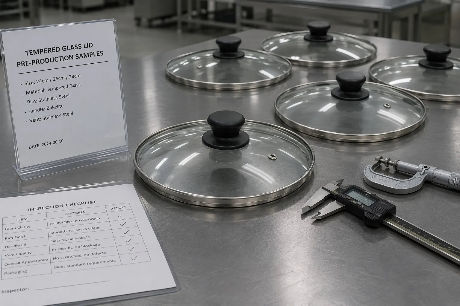 Pre-production sample inspection of tempered glass cookware lids on industrial workbench at a China glass lid factory with measurement tools