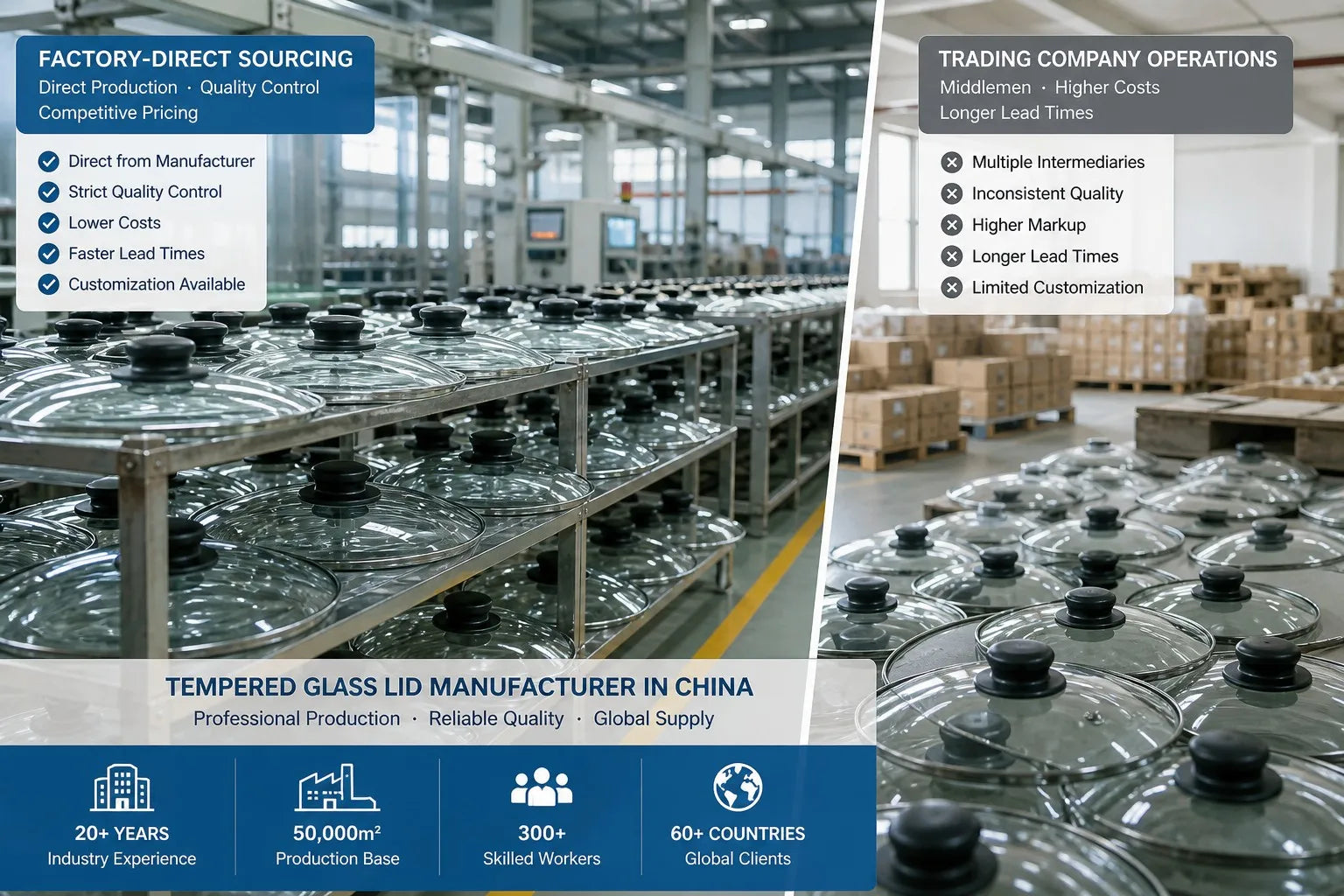 Professional B2B factory scene showing direct factory sourcing comparison with tempered glass cookware lids on industrial shelving in a Chinese manufacturing facility