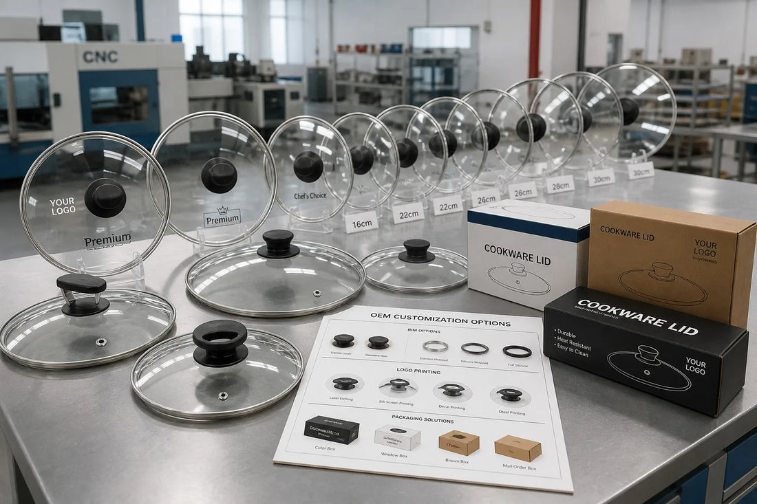 Custom OEM glass lid manufacturer China workshop showing logo printing samples diameter variations and packaging options for cookware brands