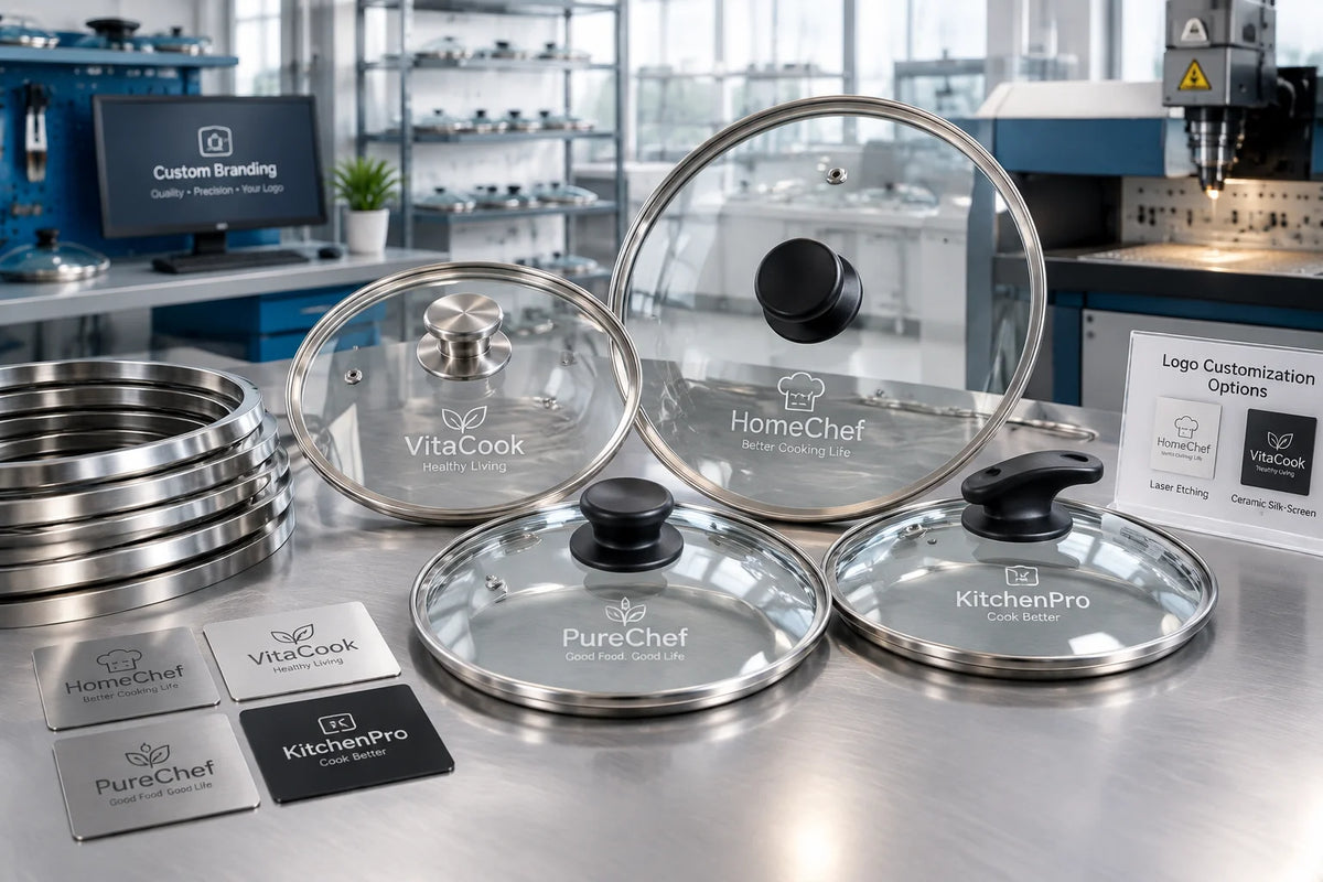Clean industrial workshop with tempered glass cookware lids showing custom laser-etched and ceramic silk-screen logo branding samples