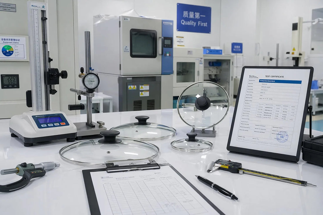 Quality control laboratory with tempered glass cookware lids undergoing FDA LFGB compliance inspection with test certificates and precision instruments