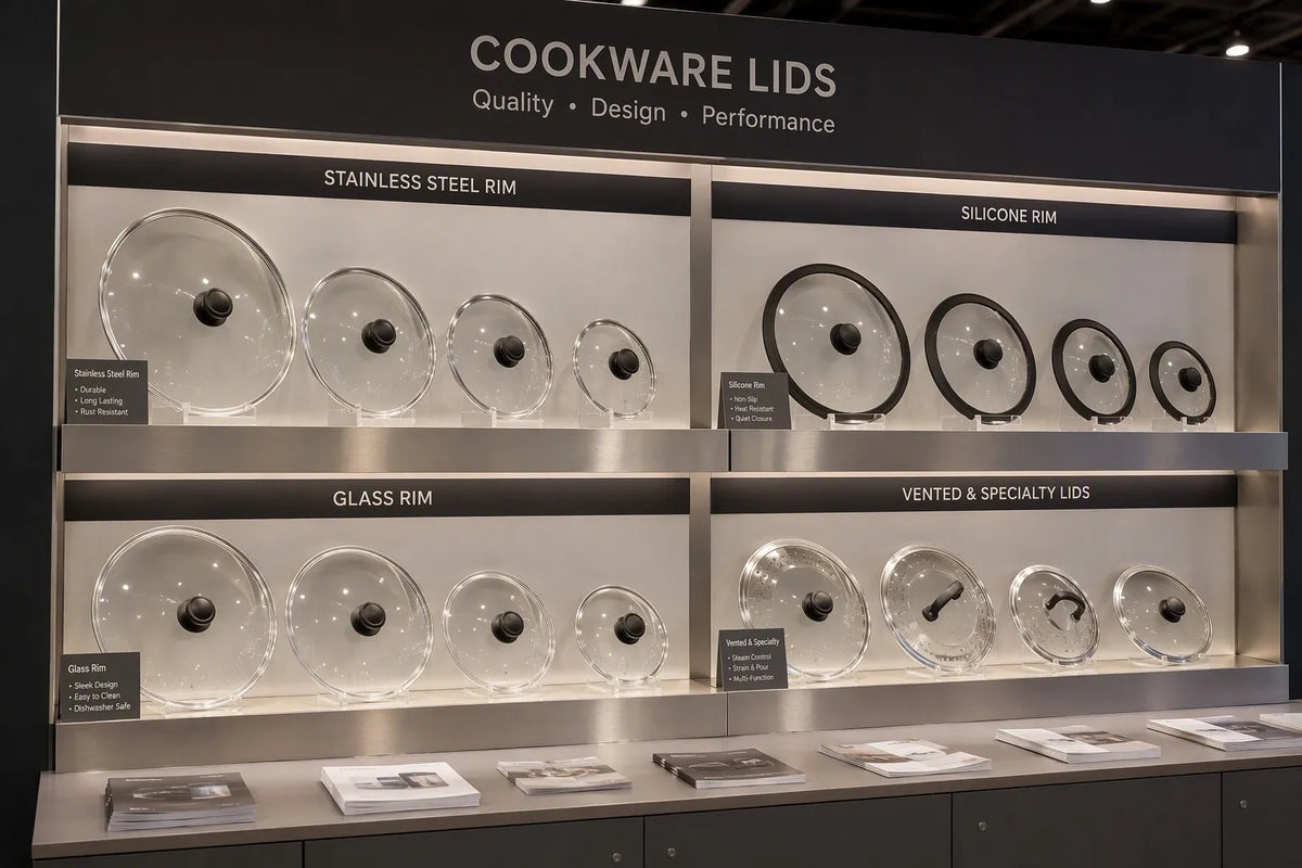 Tempered glass cookware lids in a professional showroom representing China glass lid manufacturing