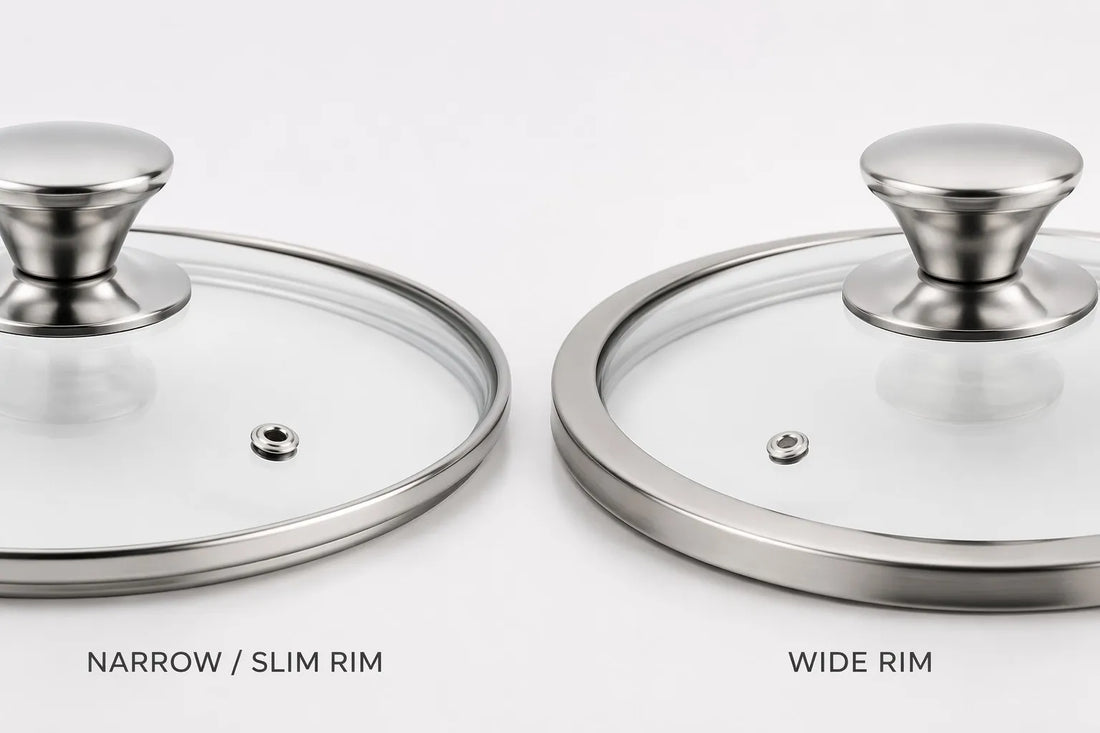 Close-up of narrow-rim and wide-rim tempered glass cookware lids side by side showing G-Narrow and G-Wide OEM configuration comparison for cookware brands