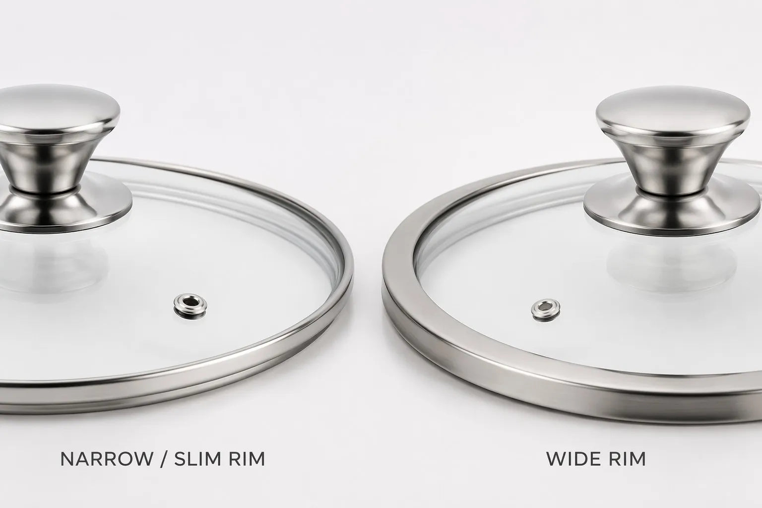 Close-up of narrow-rim and wide-rim tempered glass cookware lids side by side showing G-Narrow and G-Wide OEM configuration comparison for cookware brands