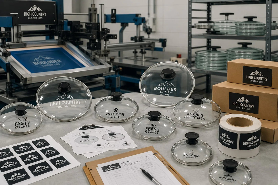Industrial workshop with silk-screen printed and laser engraved custom logo tempered glass cookware lids on a professional OEM factory workbench