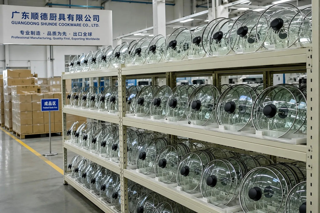 Professional B2B factory scene showing tempered glass cookware lids on industrial shelving at a China glass lid manufacturer ready for export