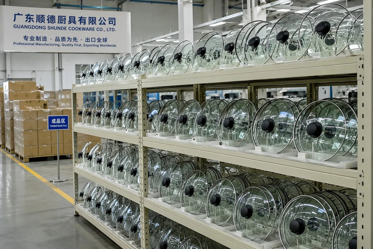 Professional B2B factory scene showing tempered glass cookware lids on industrial shelving at a China glass lid manufacturer ready for export