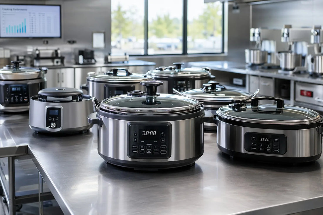Electric pressure cookers and multi-cookers with oval and round tempered glass lids in a professional appliance testing facility