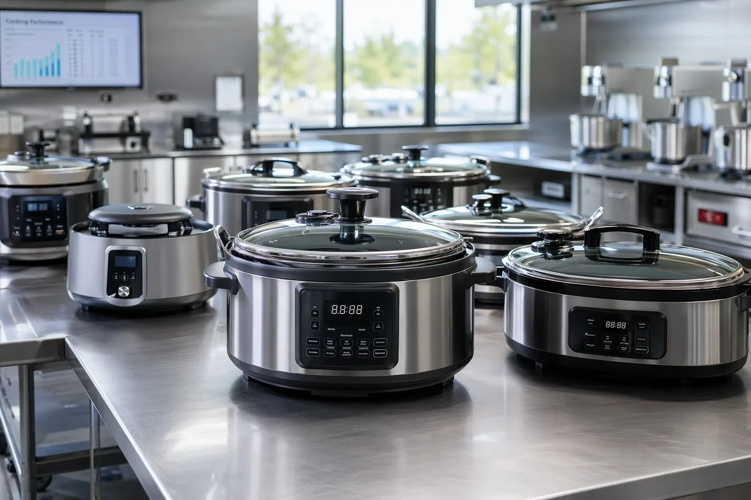 Electric pressure cookers and multi-cookers with oval and round tempered glass lids in a professional appliance testing facility