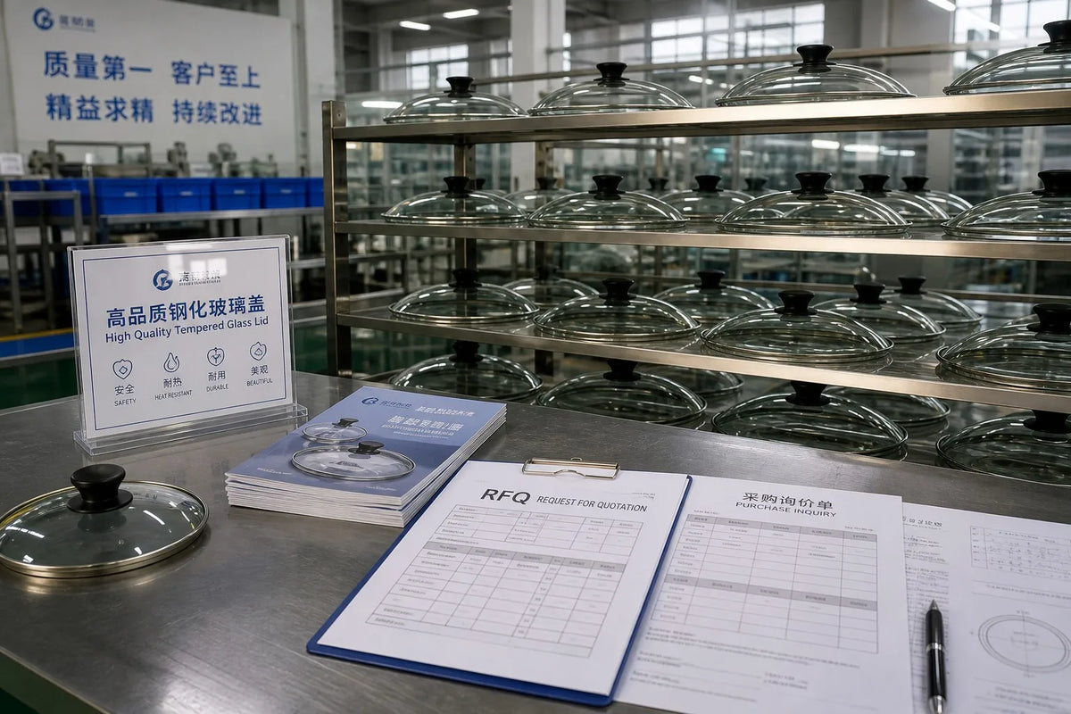 B2B factory scene with tempered glass cookware lids on shelving and RFQ procurement documents on workbench