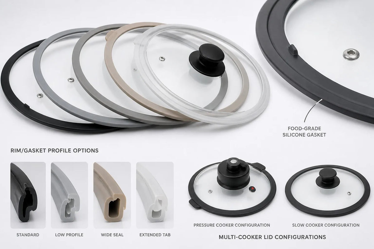 Close-up of food-grade silicone rim glass lid profiles for multi-cooker OEM programs showing gasket detail and product catalog style
