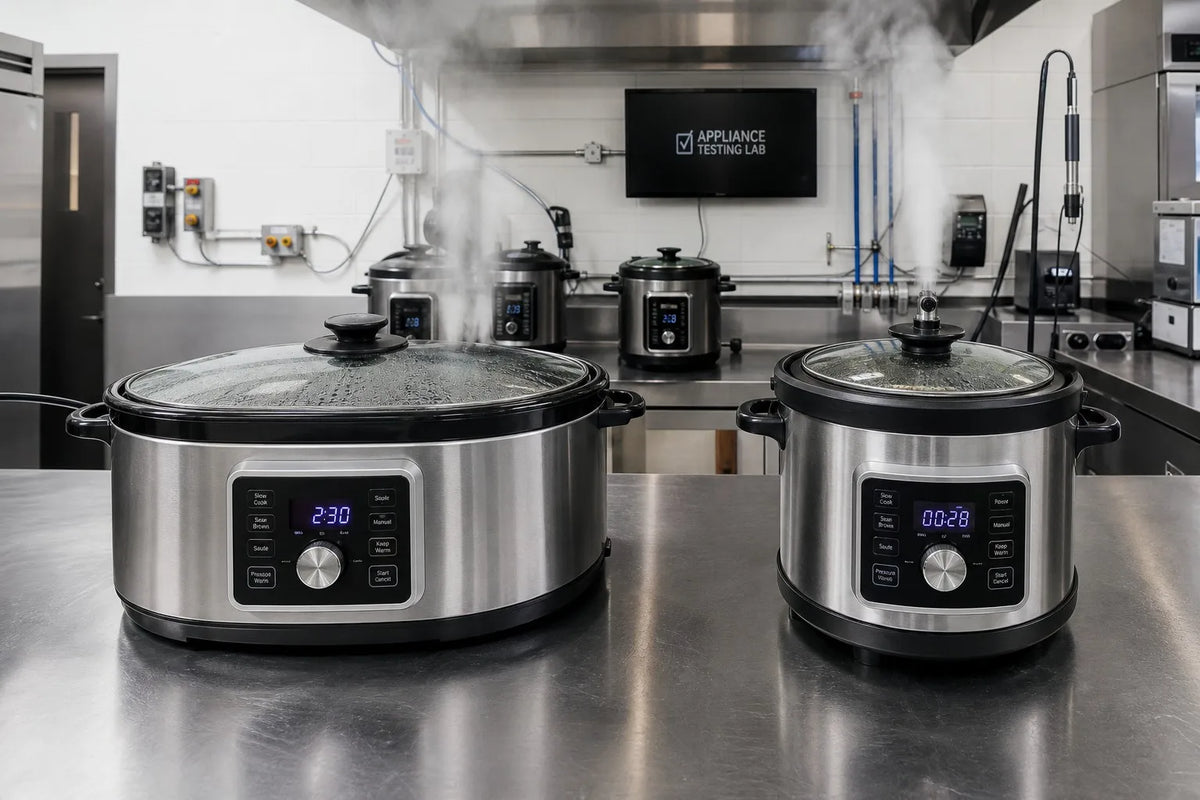 Oval tempered glass lids on electric pressure cookers and multi-cookers in commercial kitchen testing facility
