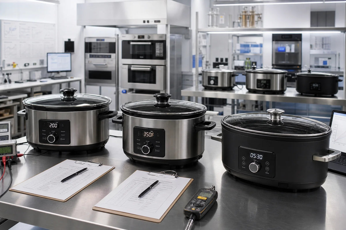 Modern electric pressure cookers and multi-cookers fitted with custom oval tempered glass lids in a professional testing kitchen