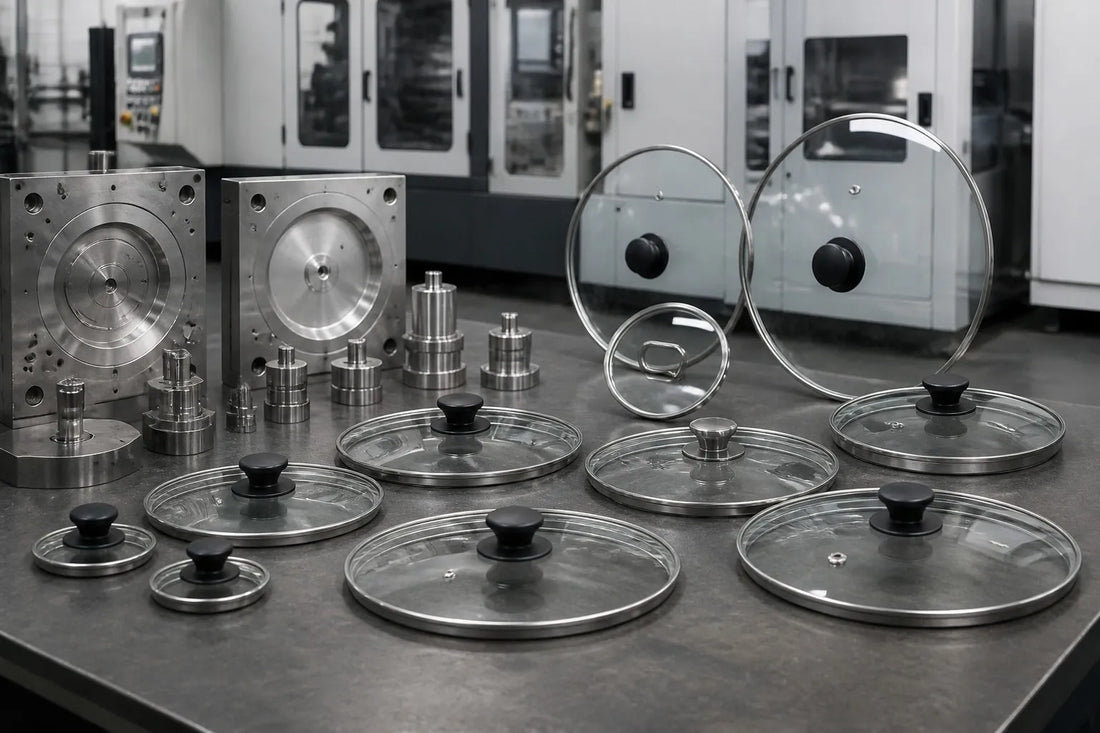 Custom non-standard diameter tempered glass cookware lids with precision tooling and molds in a Chinese OEM factory workshop