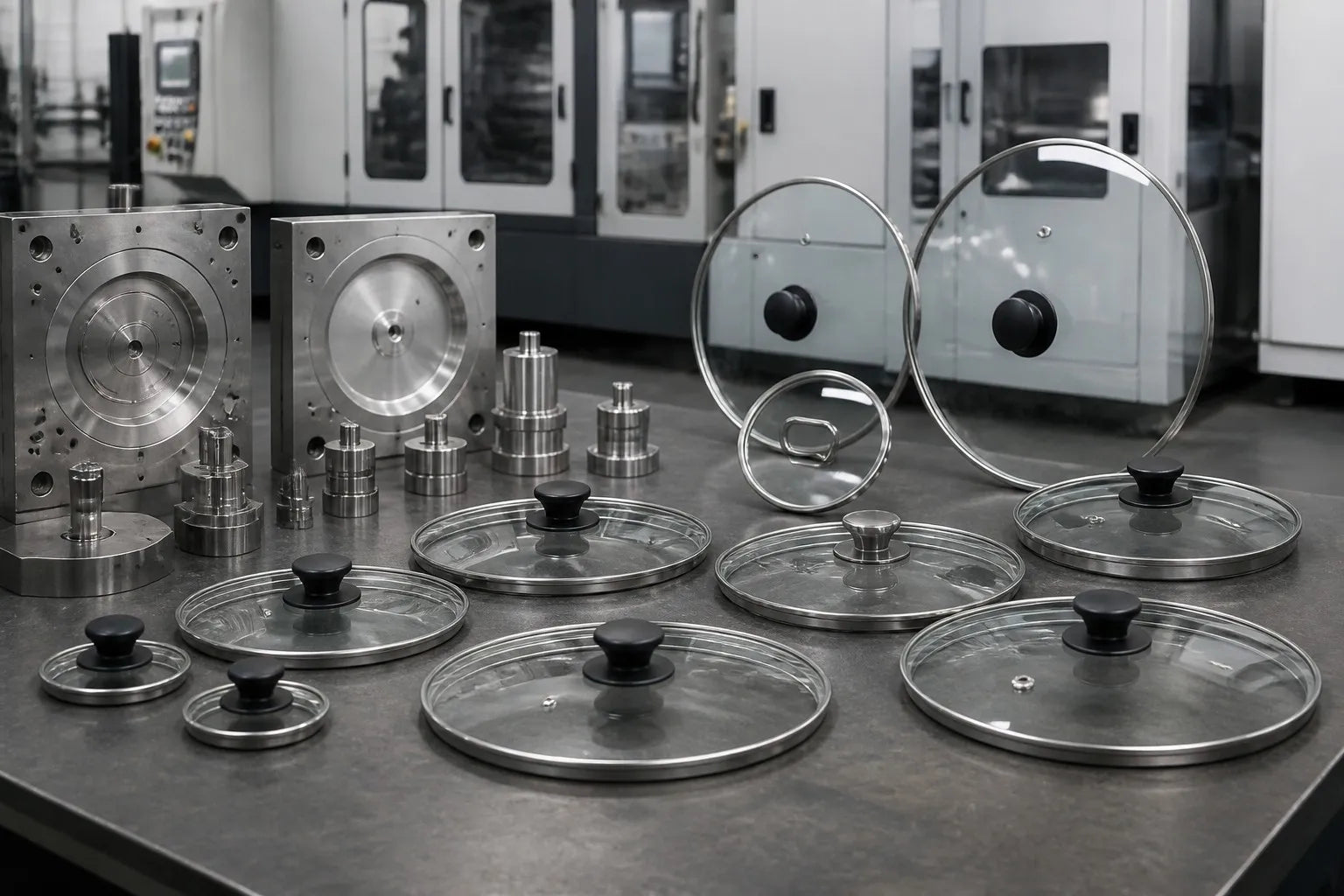 Custom non-standard diameter tempered glass cookware lids with precision tooling and molds in a Chinese OEM factory workshop