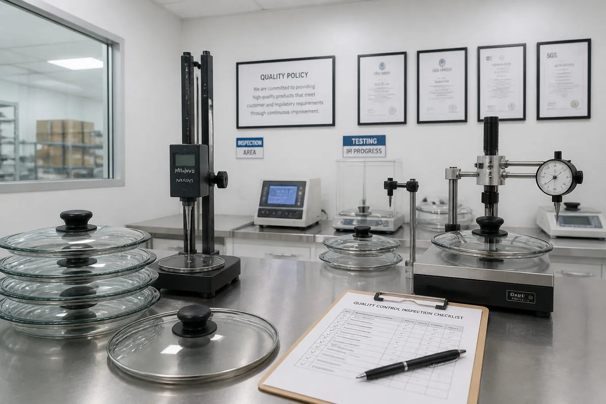Quality control laboratory showing glass lid factory audit process with compliance certificates and inspection checklist documentation in 2026