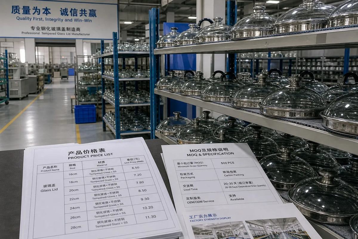 Professional B2B factory scene showing tempered glass cookware lids with MOQ pricing documents representing glass lid factory China 2026 sourcing reality