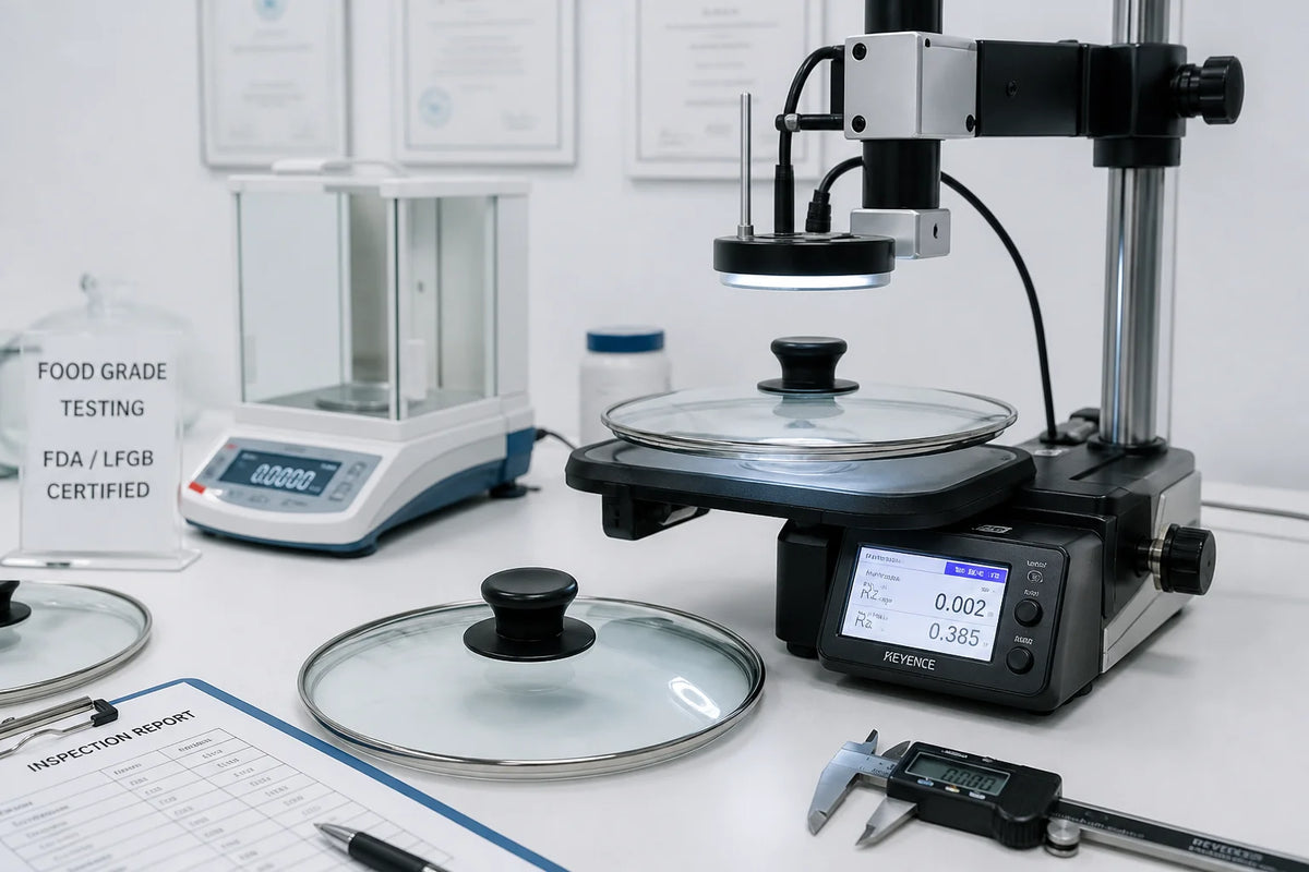 Quality control testing laboratory with tempered glass cookware lids undergoing certified food-grade inspection with precision digital instruments