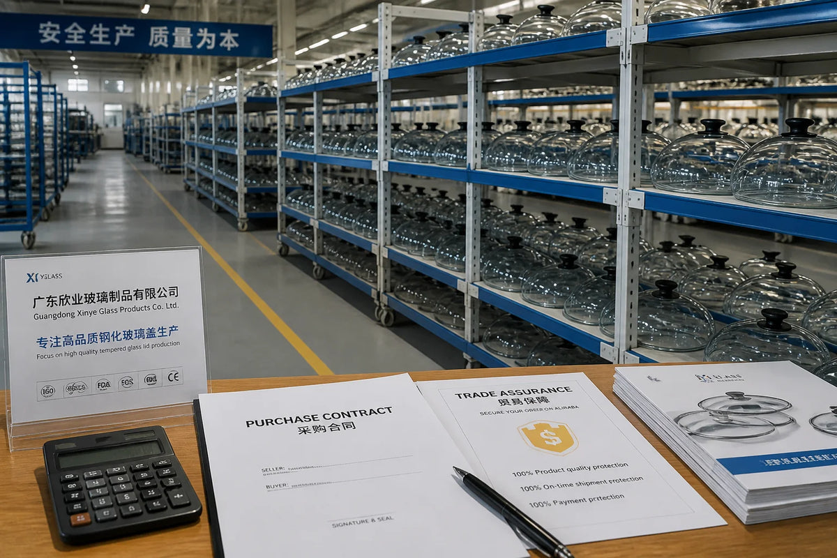 Procurement contracts and trade assurance documentation on a factory office desk overlooking rows of tempered glass cookware lids