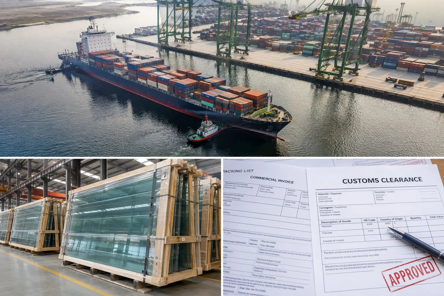 Aerial view of international logistics with container ship and warehouse representing tempered glass lid export from China with tariff and HS code considerations for 2026