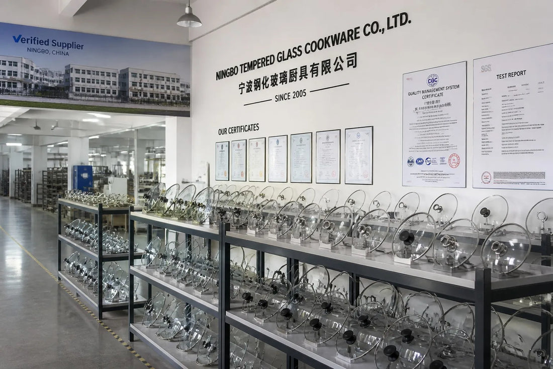 Professional B2B factory scene with verified tempered glass lid manufacturer China facility showing compliance certificates and organized production shelving